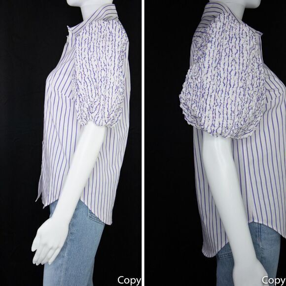 NWOT Petersyn smocked puff short sleeve button front top,‎ white with stripes - Picture 10 of 15